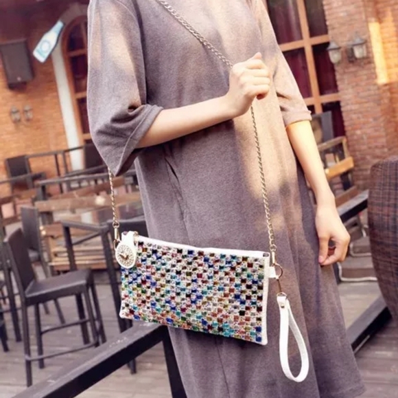 Colorful Jewel Studded Oversized Multi Funtional Clutch -White - Picture 9 of 16